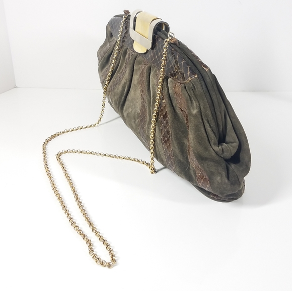 Vintage Dark Moss Green Suede Brown Snakeskin Purse - Picture 2 of 10